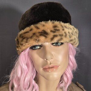 Vintage Faux Fur Hat Brown Leopard Print Fluffy Winter 90s Y2K